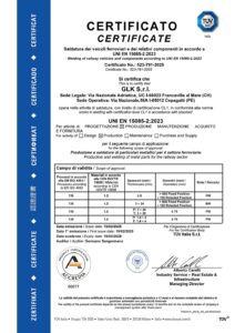 Certificato UNI EN 15085-2:2023 per la saldatura di veicoli ferroviari rilasciato a GLK S.r.l.