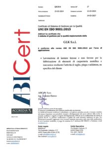 Certificato UNI EN ISO 9001:2015 per il sistema di gestione della qualità rilasciato a GLK S.r.l.